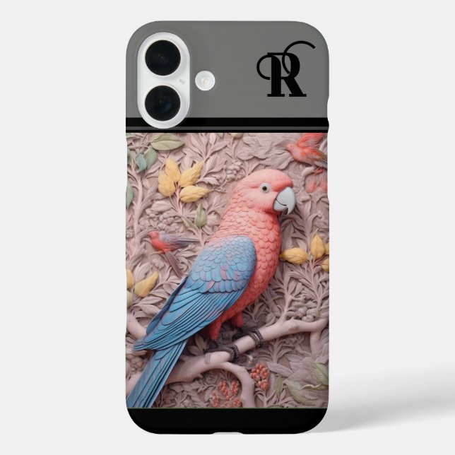 Modern 3D parrot and flowers monogramed  Case-Mate iPhone Case (Back)