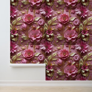 Modern 3D Pink Flower Gold Leaf Peel and Stick Wallpaper