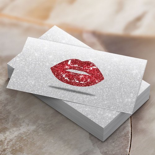 Modern 3D Red Lips Silver Glitter Makeup Artist Business Card