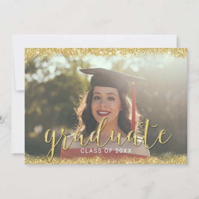 Modern 3D Script Gold Glitter Photo Graduation Invitation (Front)
