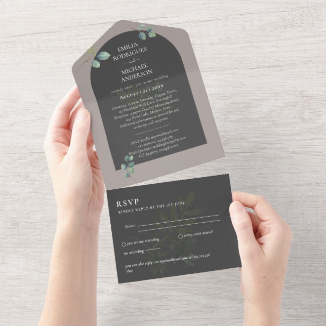 Modern 3in1 Greenery Eucalyptus Wedding RSVP All In One Invitation (Tearaway)