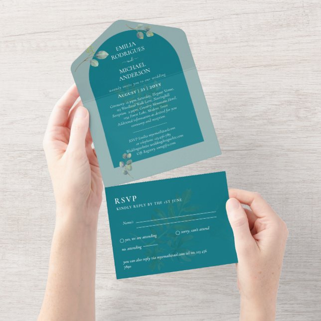 Modern 3in1 Greenery Eucalyptus Wedding RSVP All In One Invitation (Tearaway)