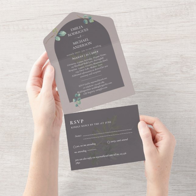 Modern 3in1 Greenery Eucalyptus Wedding RSVP All In One Invitation (Tearaway)