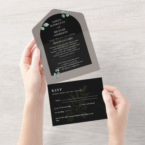 Modern 3in1 Greenery Eucalyptus Wedding RSVP All In One Invitation