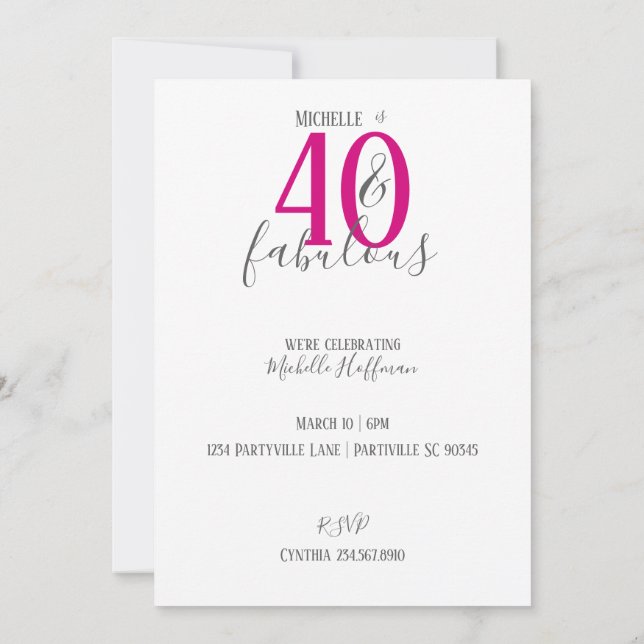 Modern 40 and Fabulous Birthday Party Invitations (Back)