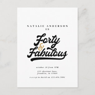 Modern 40 and fabulous black and white birthday postcard