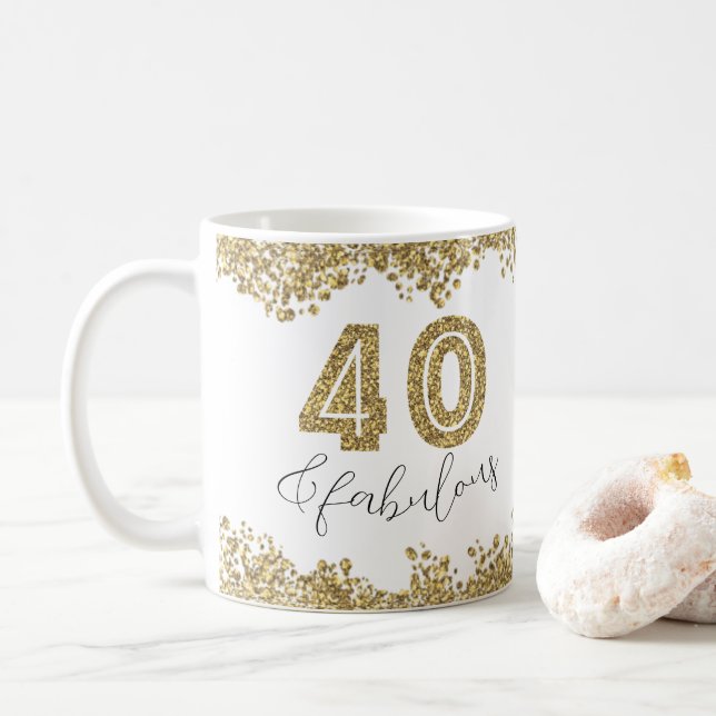 Modern 40 and Fabulous Gold Gitter Personalized Coffee Mug (With Donut)