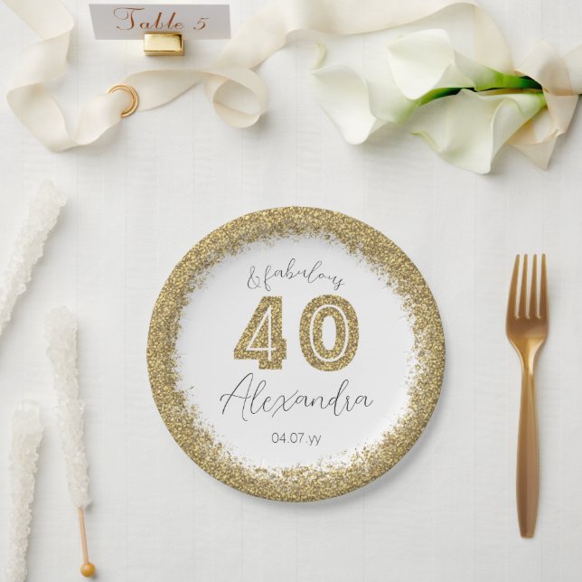 Modern 40 and Fabulous Gold Gitter Personalized Paper Plates (Wedding)