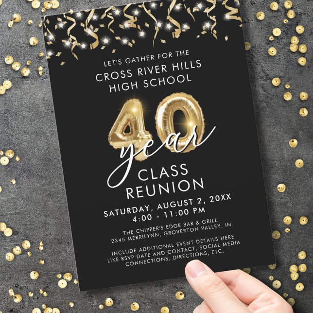 Modern 40 Year Class Reunion Black Gold Streamers Invitation (Creator Uploaded)