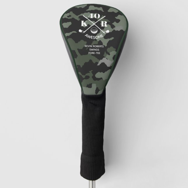 Modern 40th 50th 60th Birthday Golf Monogram Camo Head Cover (Front)