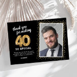 Modern 40th Adult Birthday Photo Thank You Card<br><div class="desc">Elegant fortieth birthday party thank you cards featuring a stylish black background that can be changed to any color,  a photo of the birthday girl / boy,  gold sparkly glitter,  forty gold hellium balloons,  and a modern thank you template that is easy to personalize.</div>