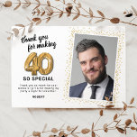 Modern 40th Adult Birthday Photo Thank You Card<br><div class="desc">Elegant fortieth birthday party thank you cards featuring a simple white background that can be changed to any color,  a photo of the birthday girl / boy,  gold sparkly glitter,  forty gold hellium balloons,  and a modern thank you template that is easy to personalize.</div>