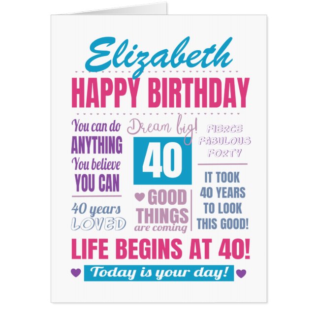 Modern 40th Birthday BIG Quote Card (Front)