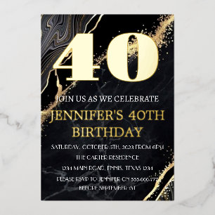 Modern 40th Birthday Black Gold Foil QR Code Foil Invitation