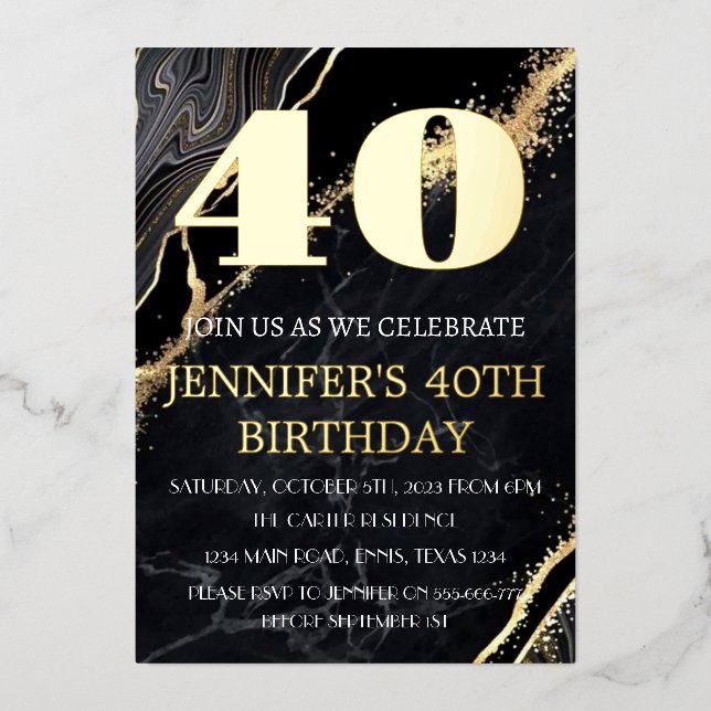 Modern 40th Birthday Black Gold Foil QR Code  Foil Invitation (Front)