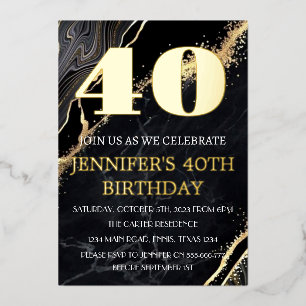 Modern 40th Birthday Black Gold Foil QR Code  Invitation