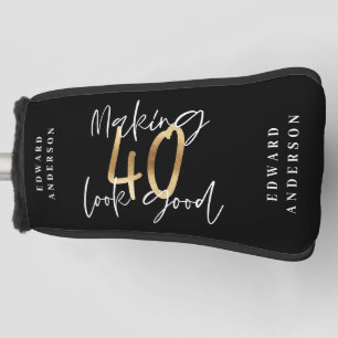 Modern 40th birthday black gold typography golf head cover