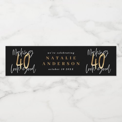 Modern 40th birthday black gold typography water bottle label