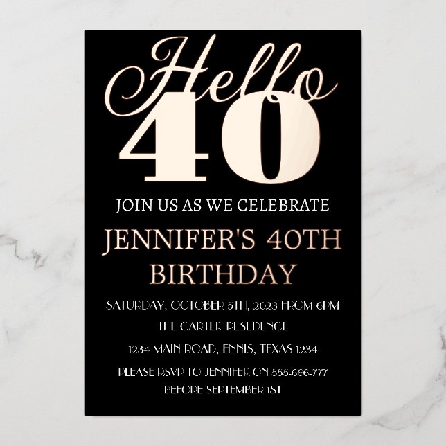 Modern 40th Birthday Black Rose Gold Foil QR Code  Invitation (Front)