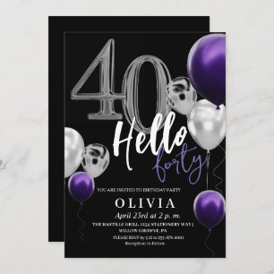 Modern 40th Birthday Black Silver Purple Balloons Invitation