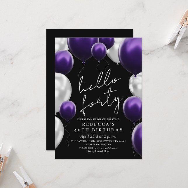 Modern 40th Birthday Black Silver Purple Balloons  Invitation (Front/Back In Situ)