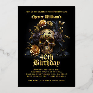 Modern 40TH BIRTHDAY GOLD SKULL ROSE  Foil Invitation