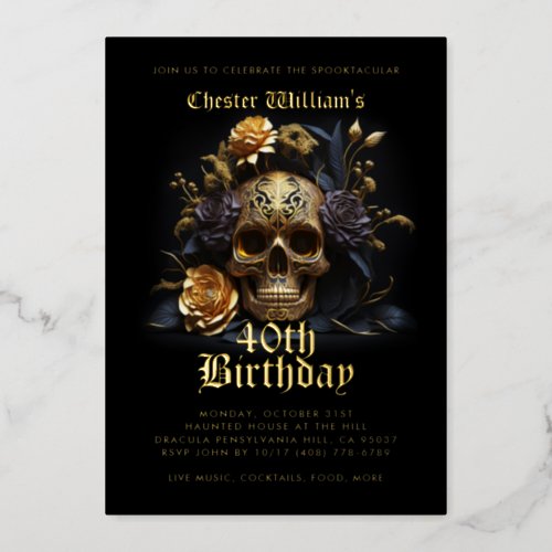 Modern 40TH BIRTHDAY GOLD SKULL ROSE  Foil Invitation