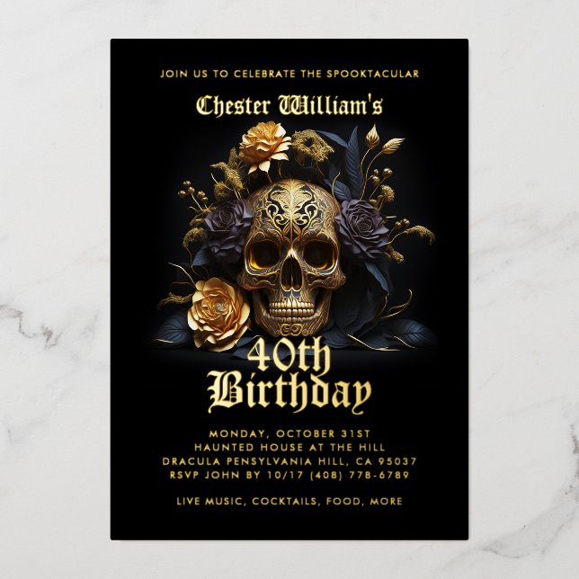 Modern 40TH BIRTHDAY GOLD SKULL ROSE  Foil Invitation (Front)
