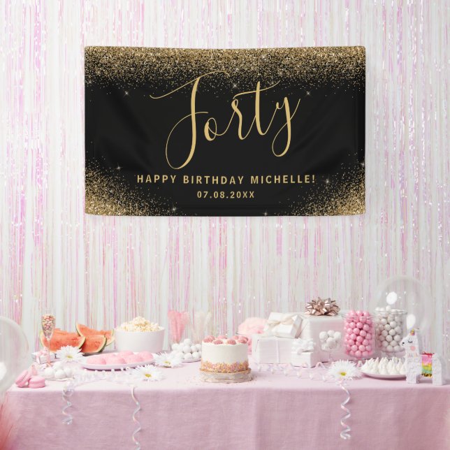Modern 40th Birthday Party Black Gold Glitter Name Banner (Party)