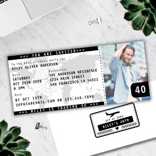 Modern 40th Birthday Party Boarding Ticket Photo Invitation