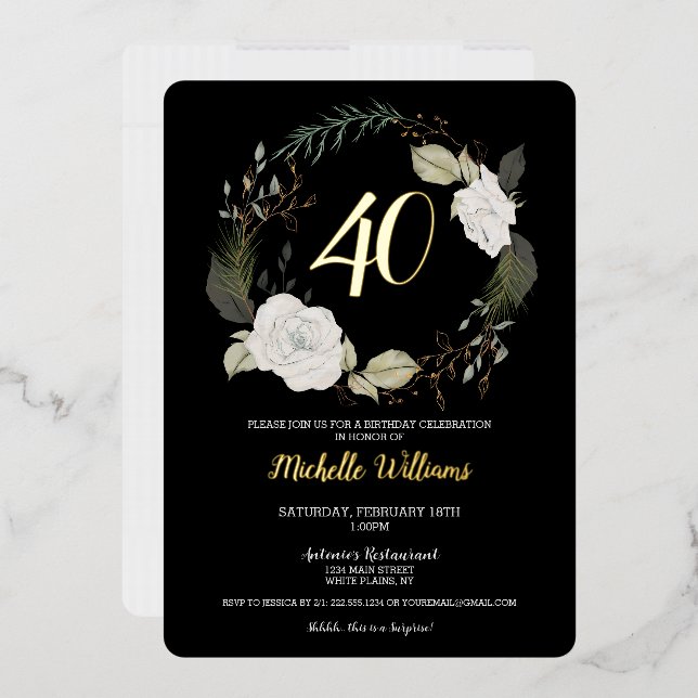 Modern 40th Birthday Party Floral Wreath Gold Foil Invitation (Envelope)