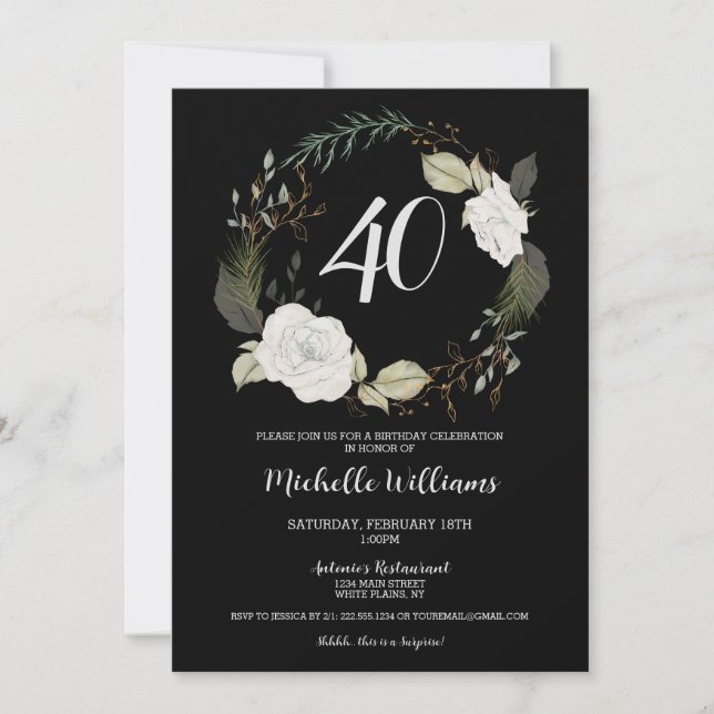 Modern 40th Birthday Party Floral Wreath Gold Invitation (Front)