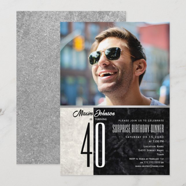 Modern 40th Birthday Photo Invitation for Men (Front/Back)