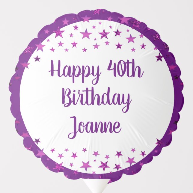 Modern 40th Birthday Purple Stars Your Text Balloon (Front)