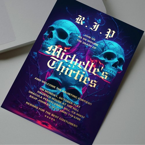 Modern 40th Birthday RIP Thirties Neon Skull Foil Invitation