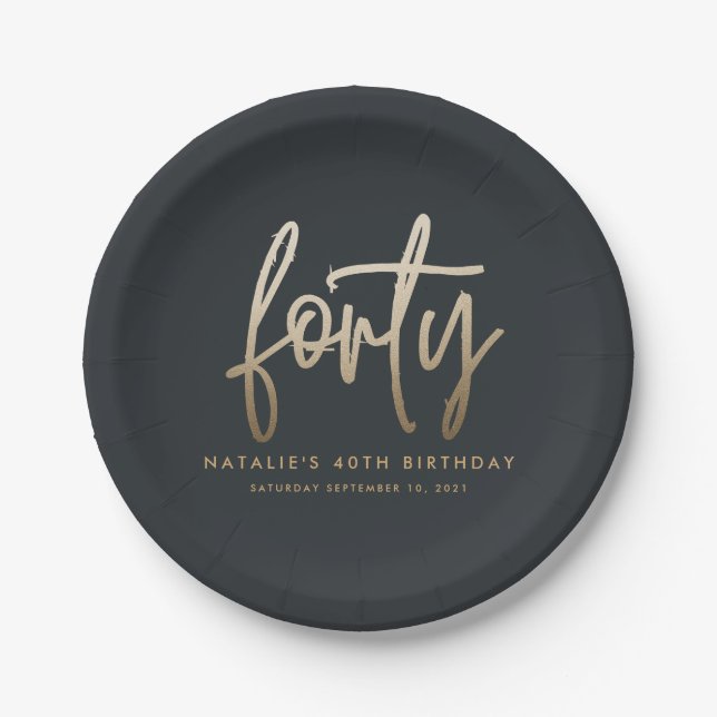 Modern 40th birthday simple stylish elegant script paper plates (Front)