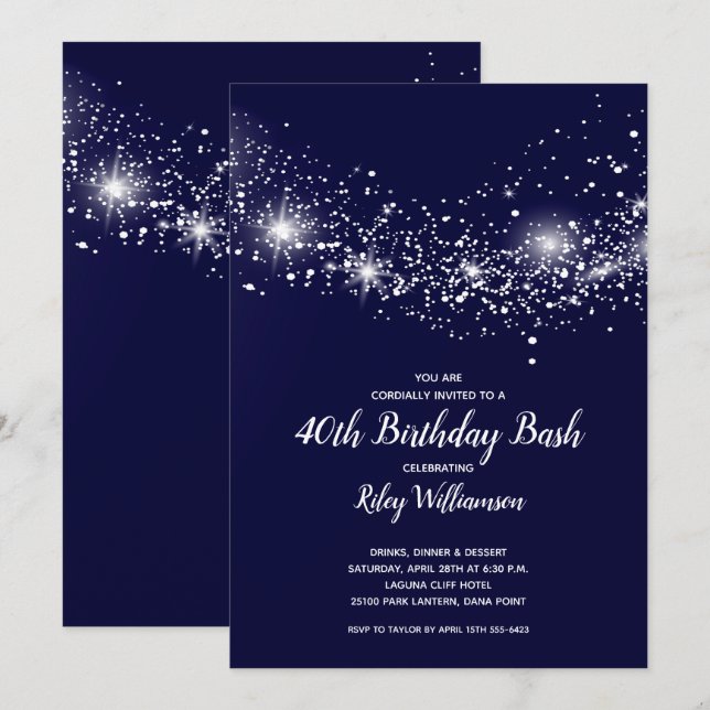 Modern 40th Birthday Stars on Navy Blue Invitation (Front/Back)