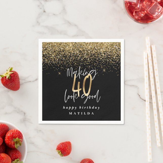 Modern 40th birthday typography gold glitter party napkins (Insitu)