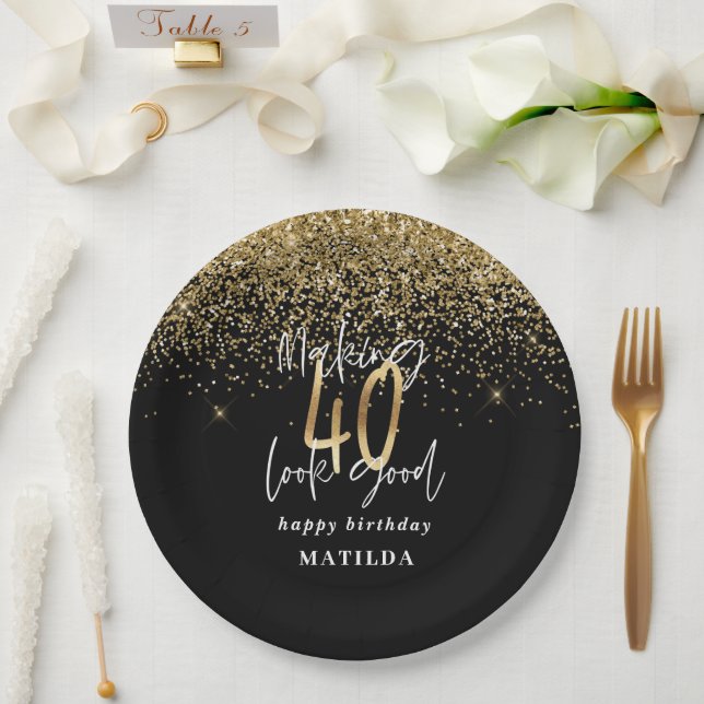 Modern 40th birthday typography gold glitter party paper plates (Wedding)