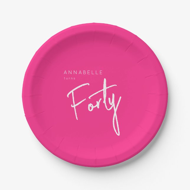 Modern 40th Forty Fortieth birthday Pink Paper Plates (Front)