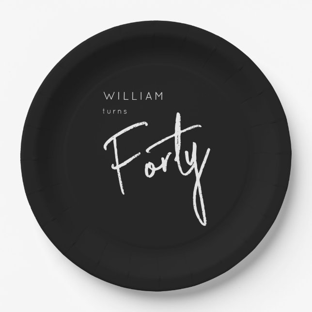 Modern 40th Forty Fortieth men's birthday black Paper Plates (Front)