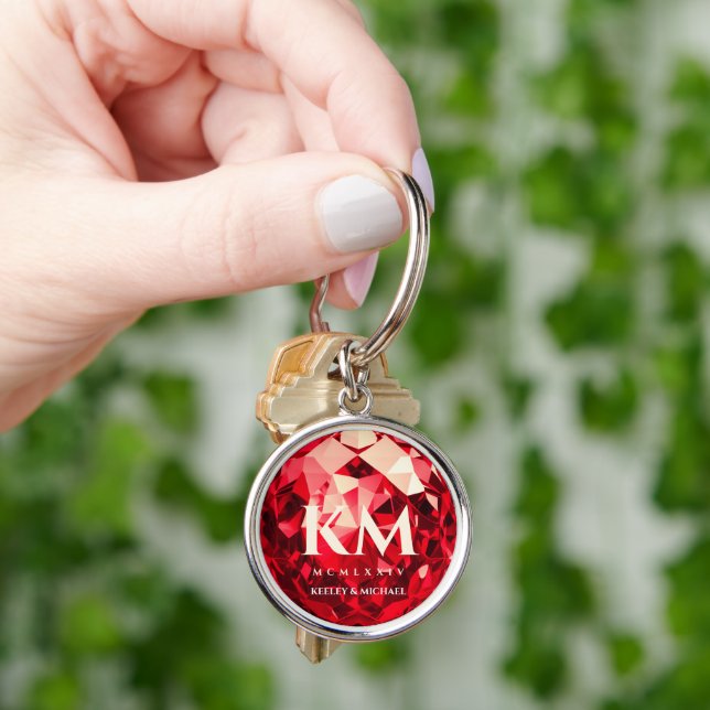 Modern 40th Wedding Anniversary Ruby Monogram  Keychain (Hand)