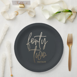 Modern 42nd birthday Black gold elegant script Inv Paper Plates