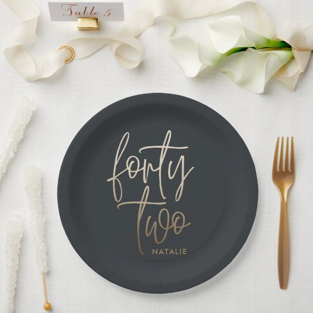 Modern 42nd birthday Black gold elegant script Inv Paper Plates (Wedding)