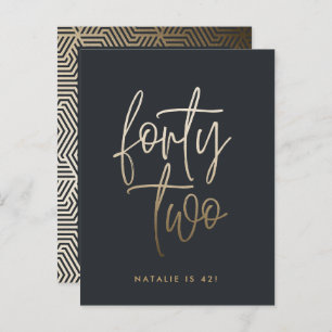 Modern 42nd birthday Black gold elegant script Invitation Postcard