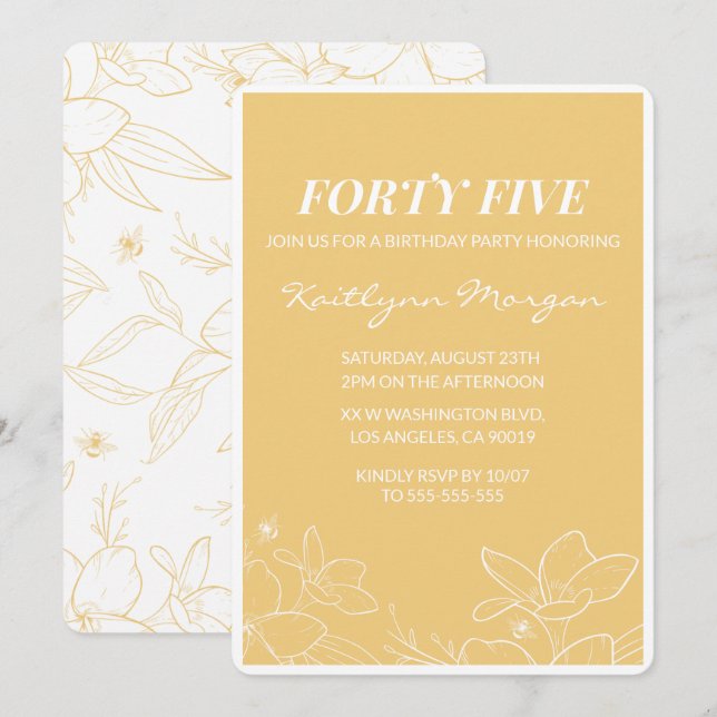 Modern 45th birthday invitations Brunch Yellow (Front/Back)