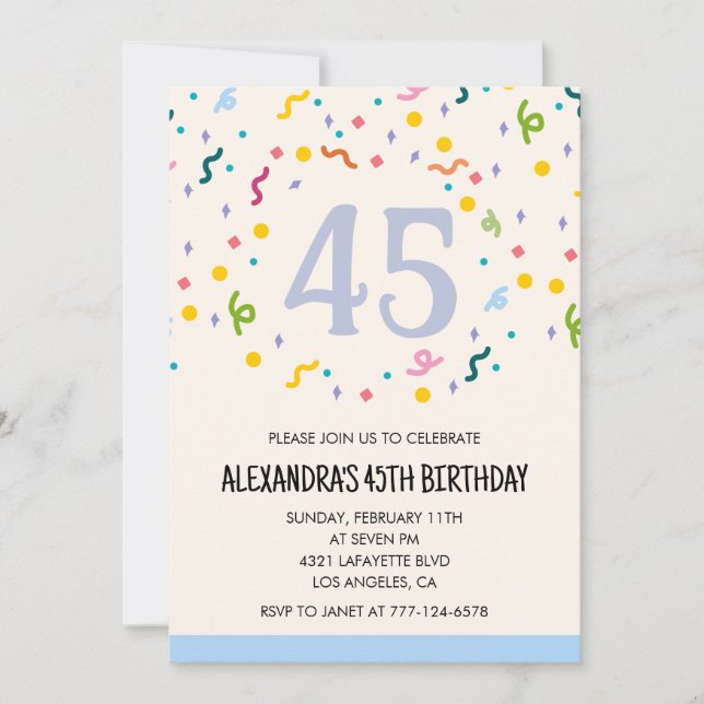 Modern 45th birthday invitations Confetti (Front)