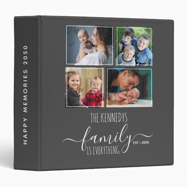Modern 4 Family Photo Collage Picture Album Gray 3 Ring Binder (Front/Spine)