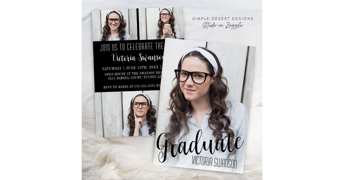 Modern 4 Photo Black and White Graduation Invitation | Zazzle