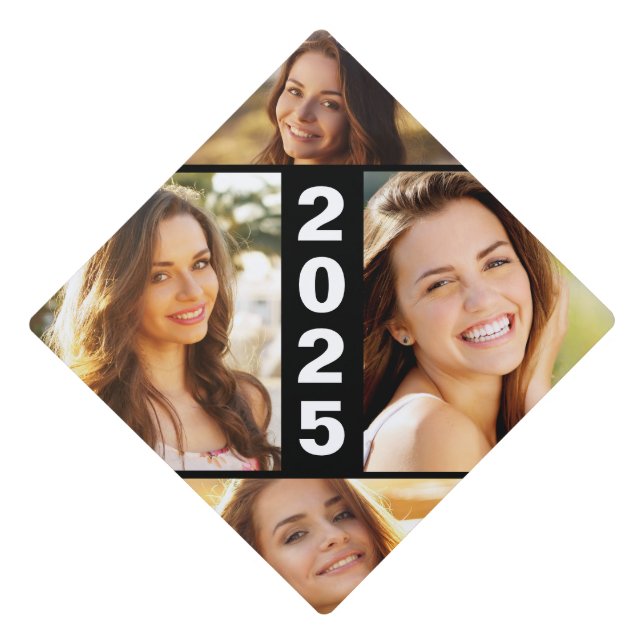 Modern 4 Photo Black Class of 2025 Graduation Cap Topper (Front)